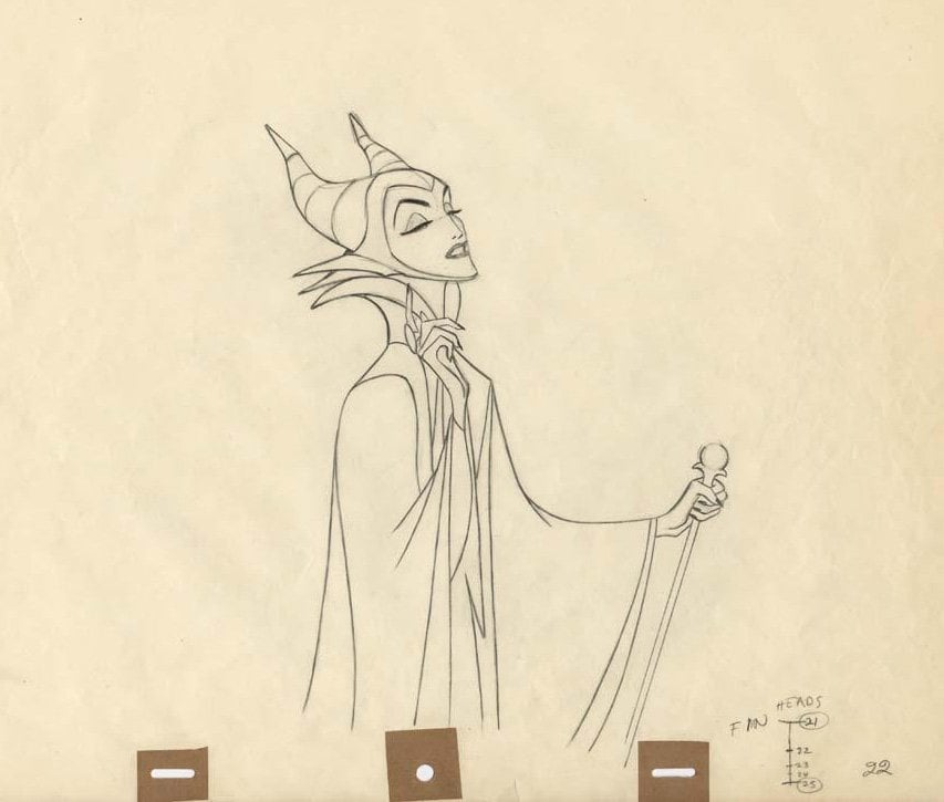 Original production drawings of Maleficent with raven by Marc Davis from Sleeping Beauty