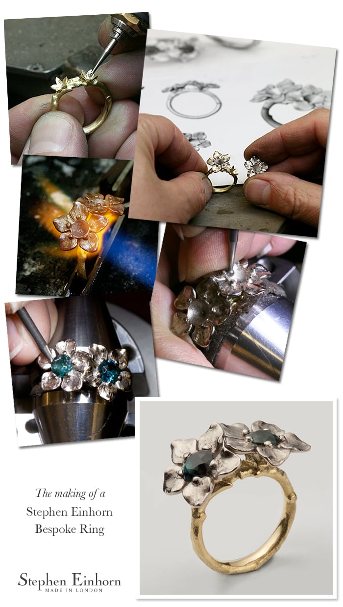 The Making Of Stephen Einhorn Bespoke Double Flower Ring In 18ct Yellow Gold, 18ct White Gold & Blue Tourmalines